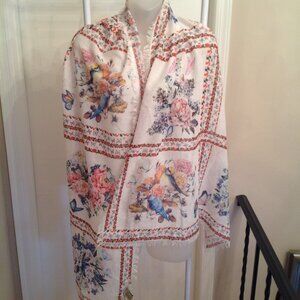 NWOT JC Sunny Floral Flowers Birds Butterflies Fringe Scarf Shawl Wrap